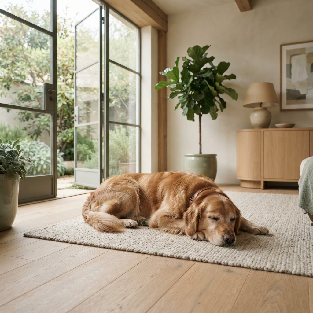 A calm dog in a warm minimal interior