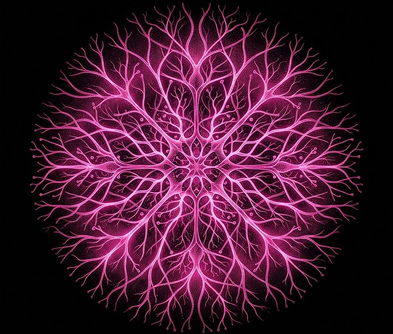 Etched neural pathways in pink on black — visualization of cognitive diversity and thought patterns.