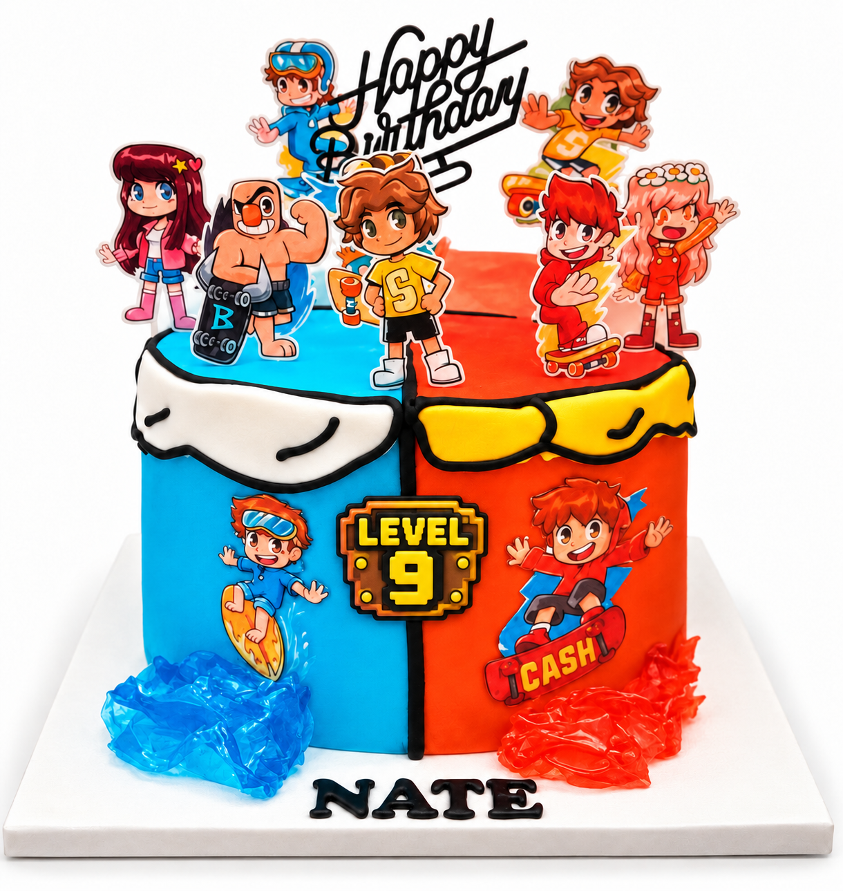 Nate's Level 9 birthday cake, blue and orange with cartoon skater characters and a LEVEL 9 pixel plaque