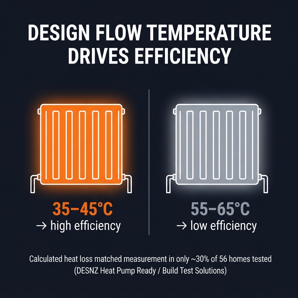 Design flow temperature versus seasonal efficiency: systems running at 35–45°C achieve high SCOP, while systems pushed to 55–65°C do not. Sizing decisions set the flow temperature.