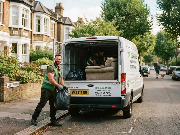 Licensed waste carrier loading rubbish into a clean van on a residential street