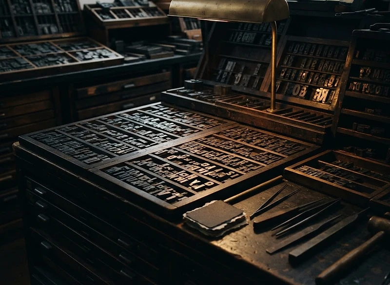 Letterpress type blocks in an amber-lit studio