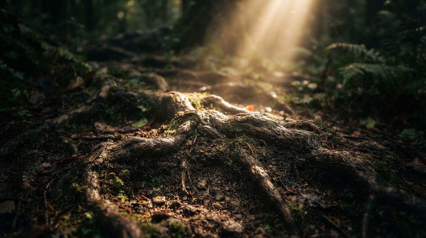 Ancient tree roots bathed in morning light
