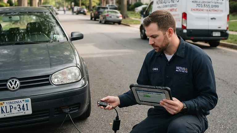 ADAM Locksmith technician programming a replacement car key at a customer's vehicle in Manassas, VA