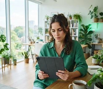 Person with a tablet in a bright studio, thinking deeply