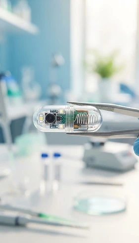 A small medical capsule device held with tweezers in a bright laboratory