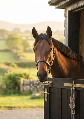 A bay horse looking out from a modern stable door in morning light