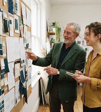 A shop owner and designer reviewing sketches together in a bright studio