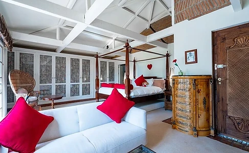 Sitting area with sofa and red cushions