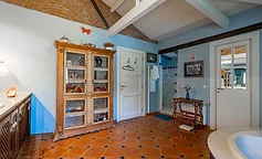 Bathroom corner with wooden cabinet and white door