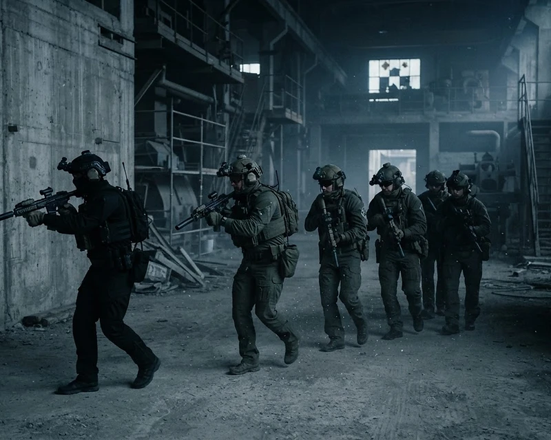T13 ASSOC tactical simulation team operating in an industrial environment