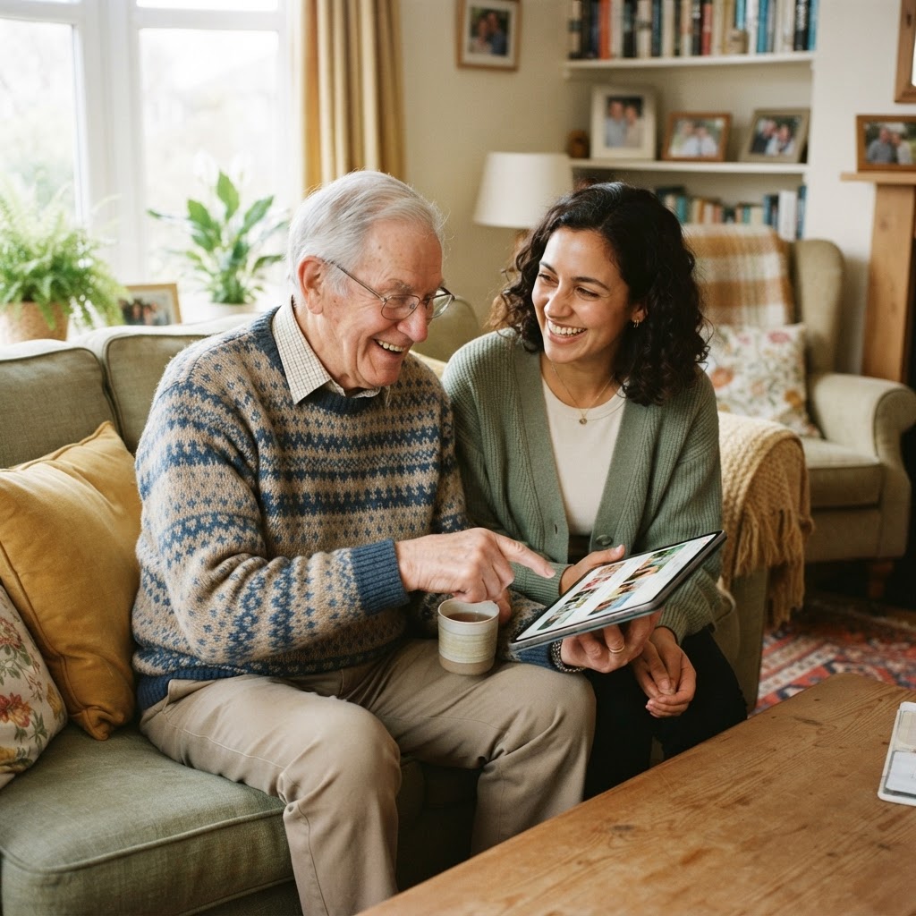 An elderly man and a caregiver companion looking at a tablet together at home