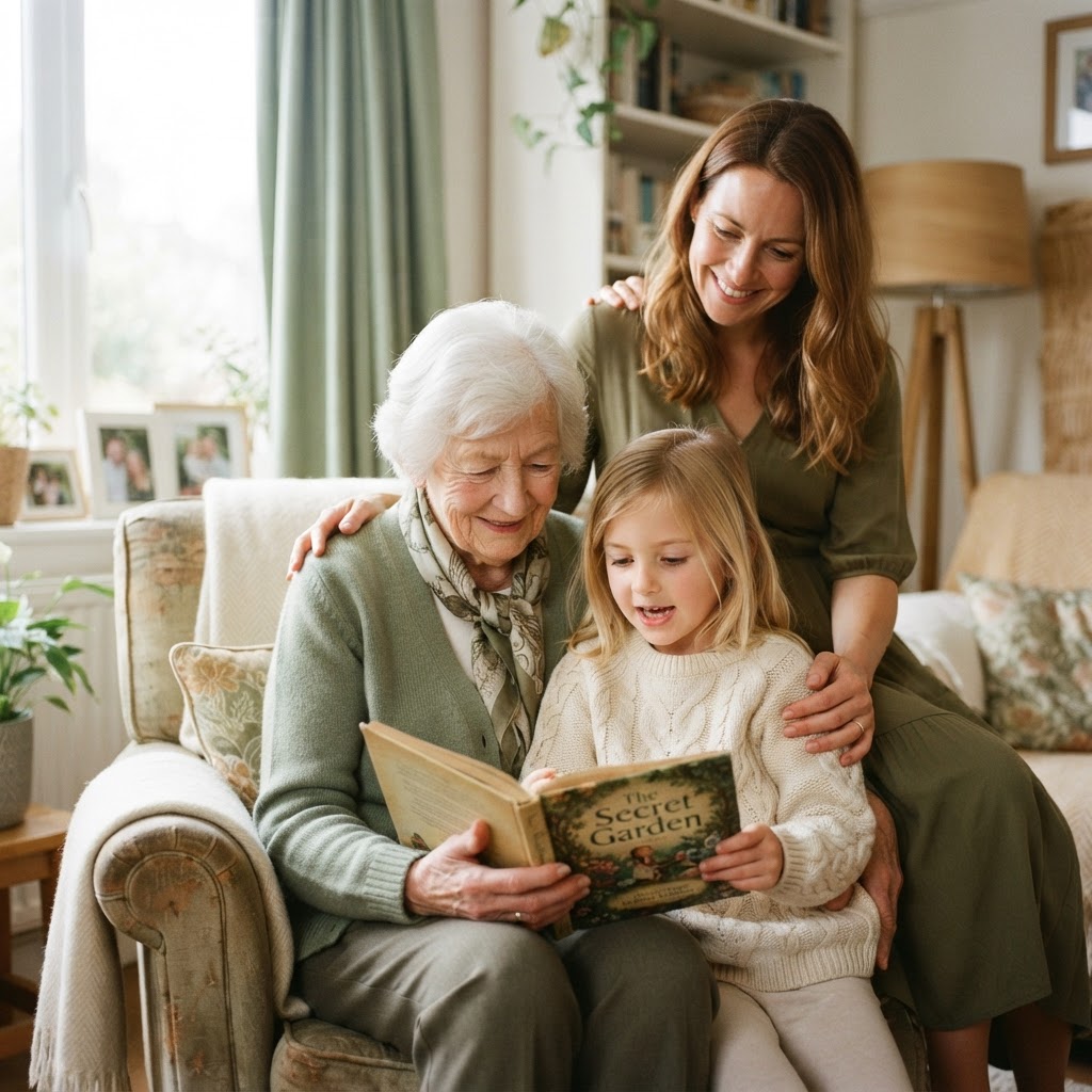 A family sharing a quiet, tender moment with an elderly loved one at home