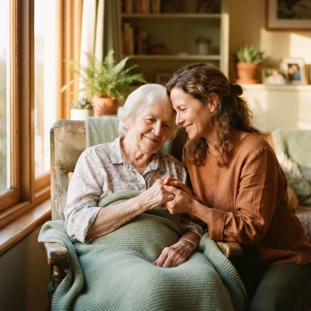 A caregiver gently holding the hand of an elderly woman by a sunny window
