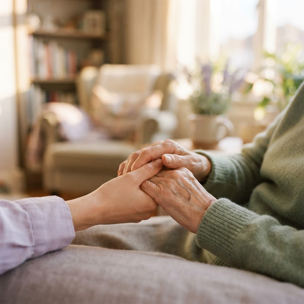 Close-up of two hands gently interlaced in warm golden light