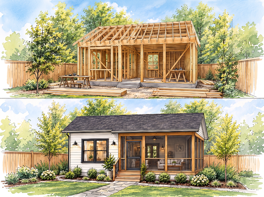 Watercolor illustration of an ADU under construction above and completed below