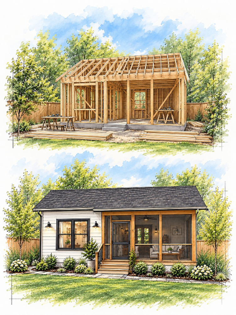 Watercolor illustration of an ADU under construction above and completed below