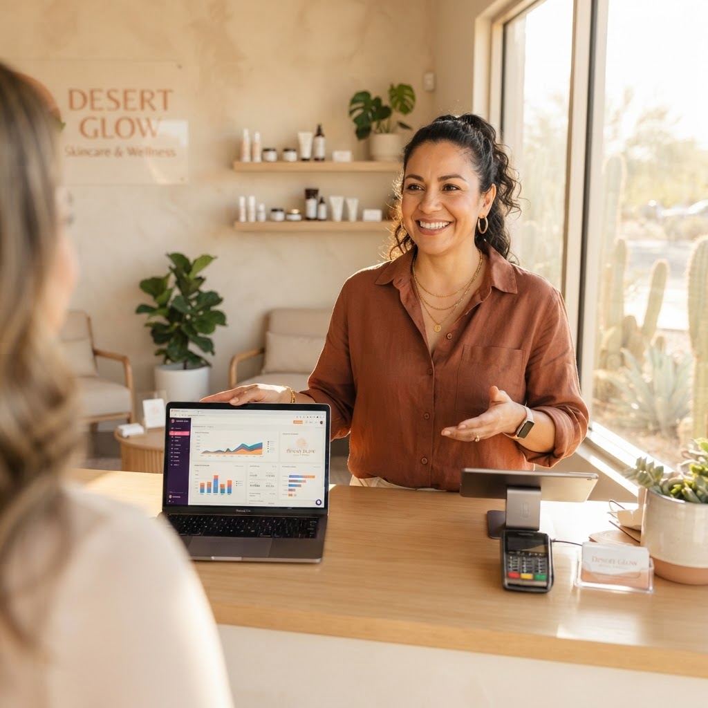 Phoenix personal care small business owner reviewing finances
