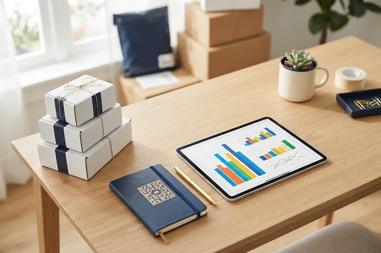 Organised online seller's desk with tablet and packaged orders