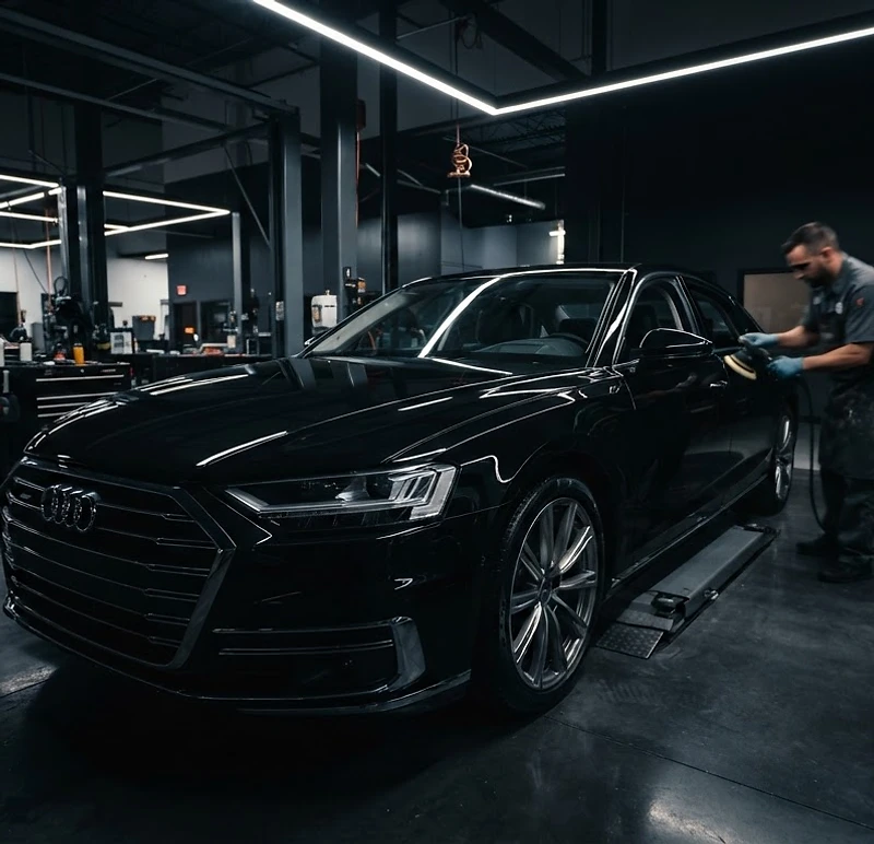 Professional collision repair facility with a freshly refinished luxury vehicle under LED lighting at East Coast Auto Refinishing in Manassas VA