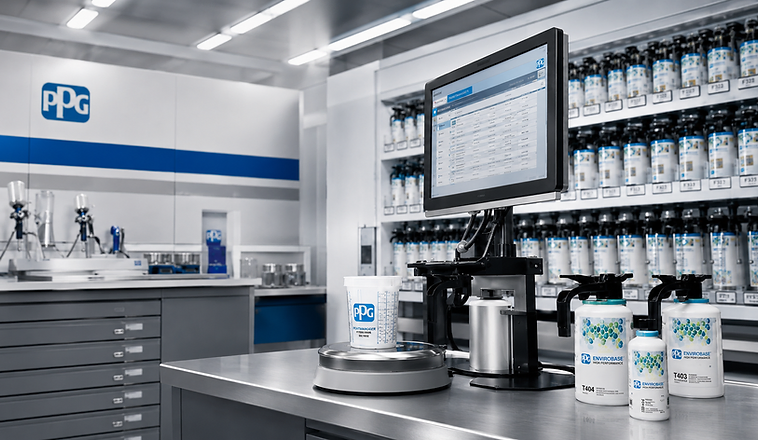 Professional PPG automotive paint mixing room with Envirobase color matching system at East Coast Auto Refinishing