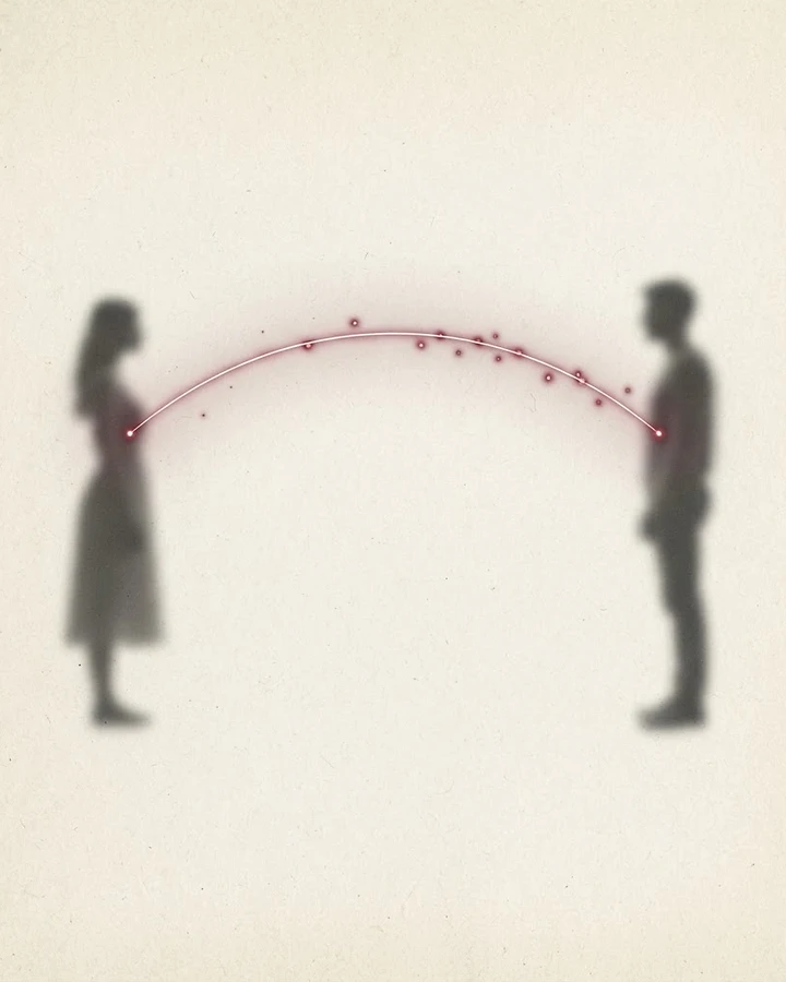 Two faint human silhouettes facing each other across negative space, connected by a single gravitational arc of burgundy light carrying small signal nodes.