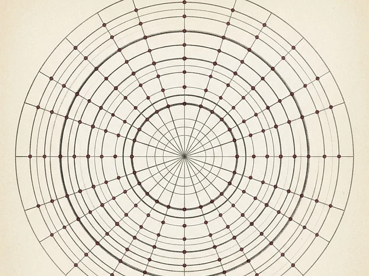 An abstract construct graph of concentric orbital arcs and radial measurement lines — the Gravity Pull Index framework visualized.