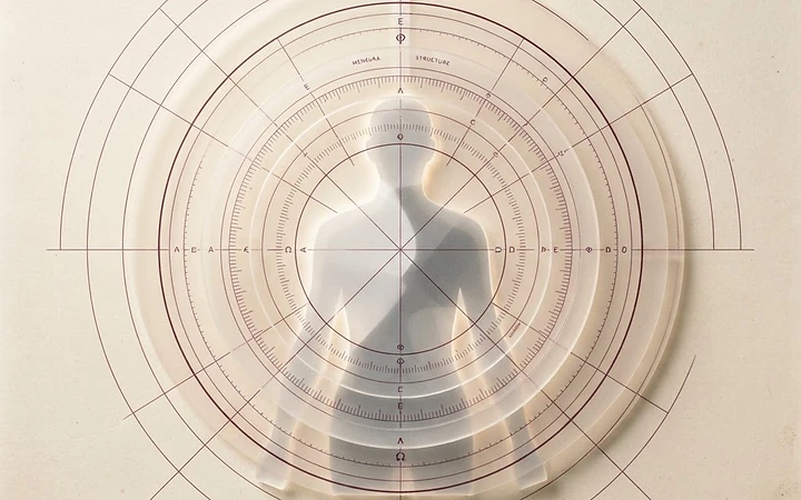 An abstract archetype composition of concentric translucent geometric forms and radial sectors on ivory.