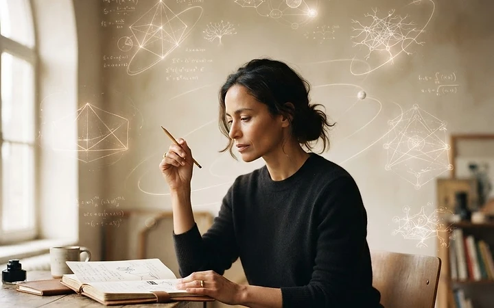 A thoughtful figure in a minimal warm studio framed by subtle floating intelligence diagrams and gravitational arcs.
