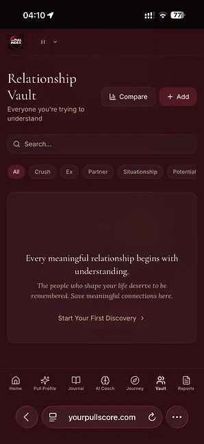 My Pull Score — the Relationship Vault surface, a relationship dimension between two people.
