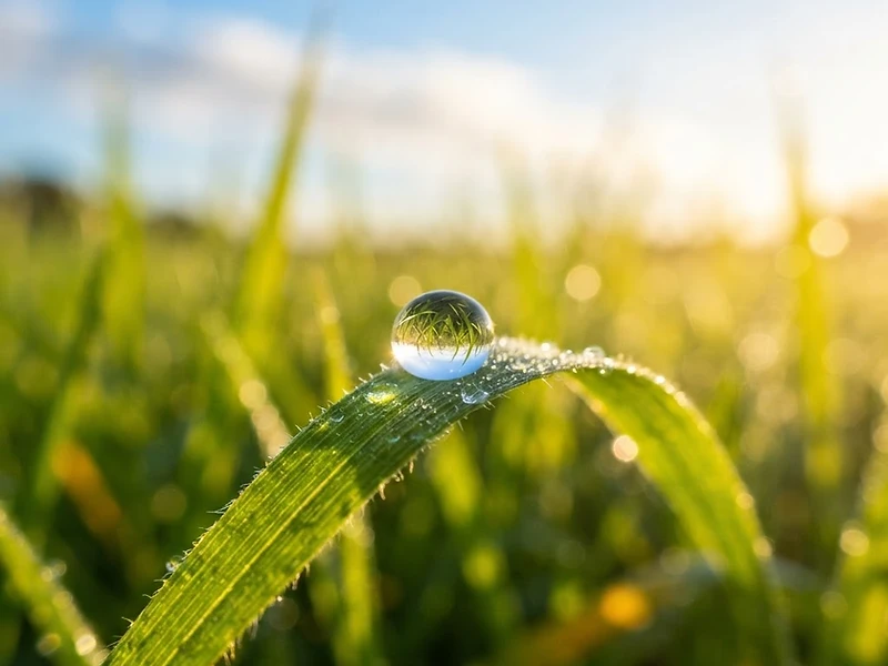 A single dewdrop on a blade of grass at dawn