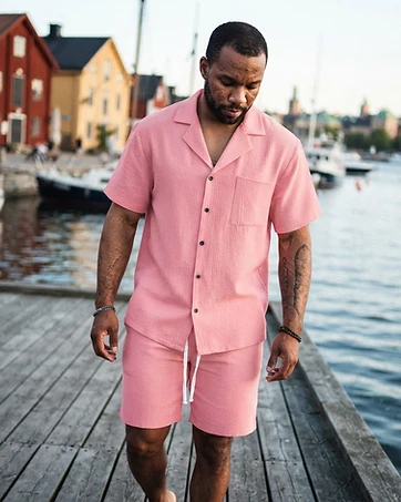 Thomas wearing Cotton Linen Short Sleeve Shirt Set