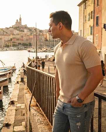 Mateo wearing Knitted Short Sleeve Polo