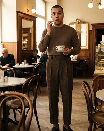 Henry wearing Italian Herringbone Cropped Pants