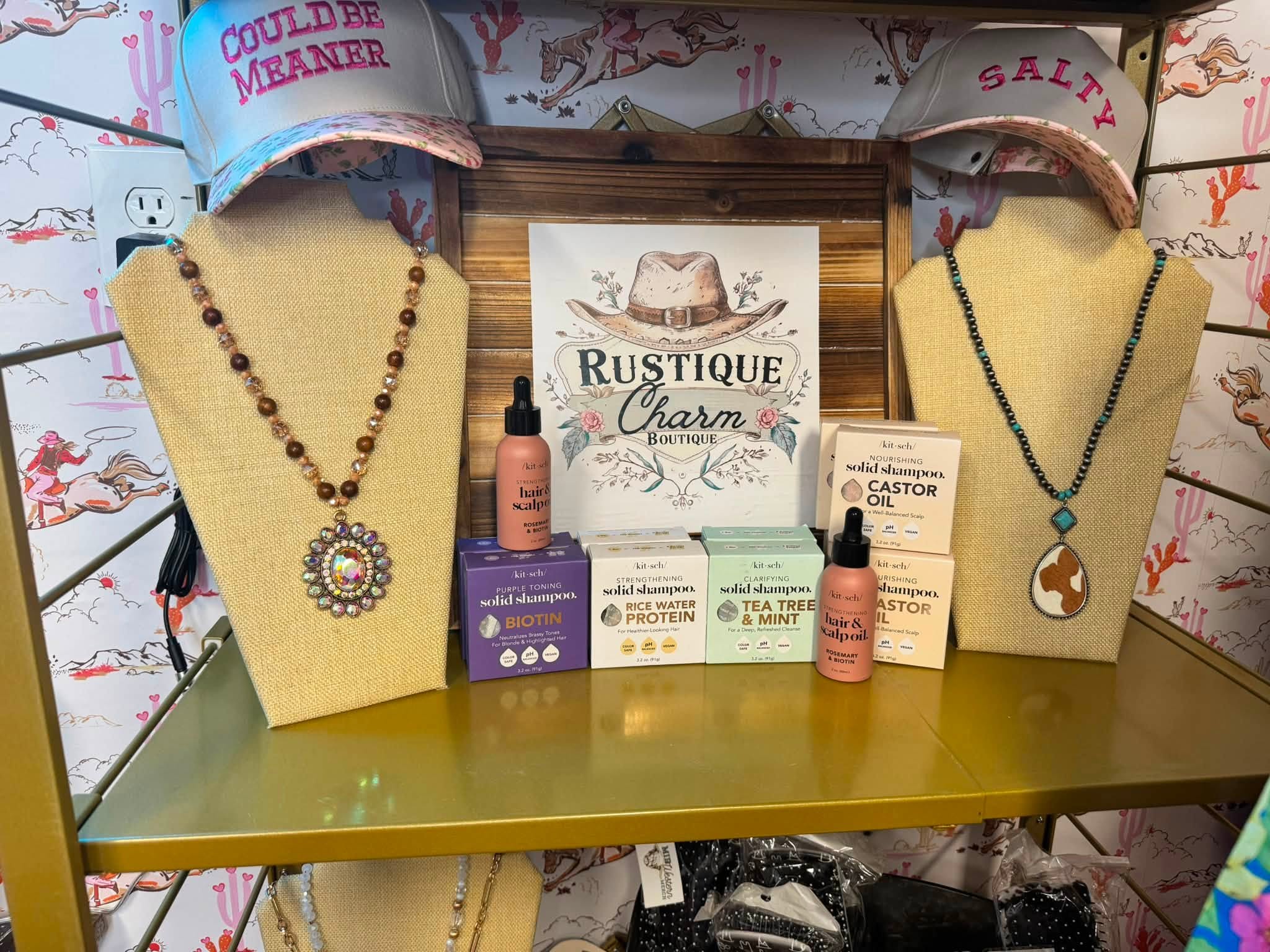 Beauty products and jewelry shelf display