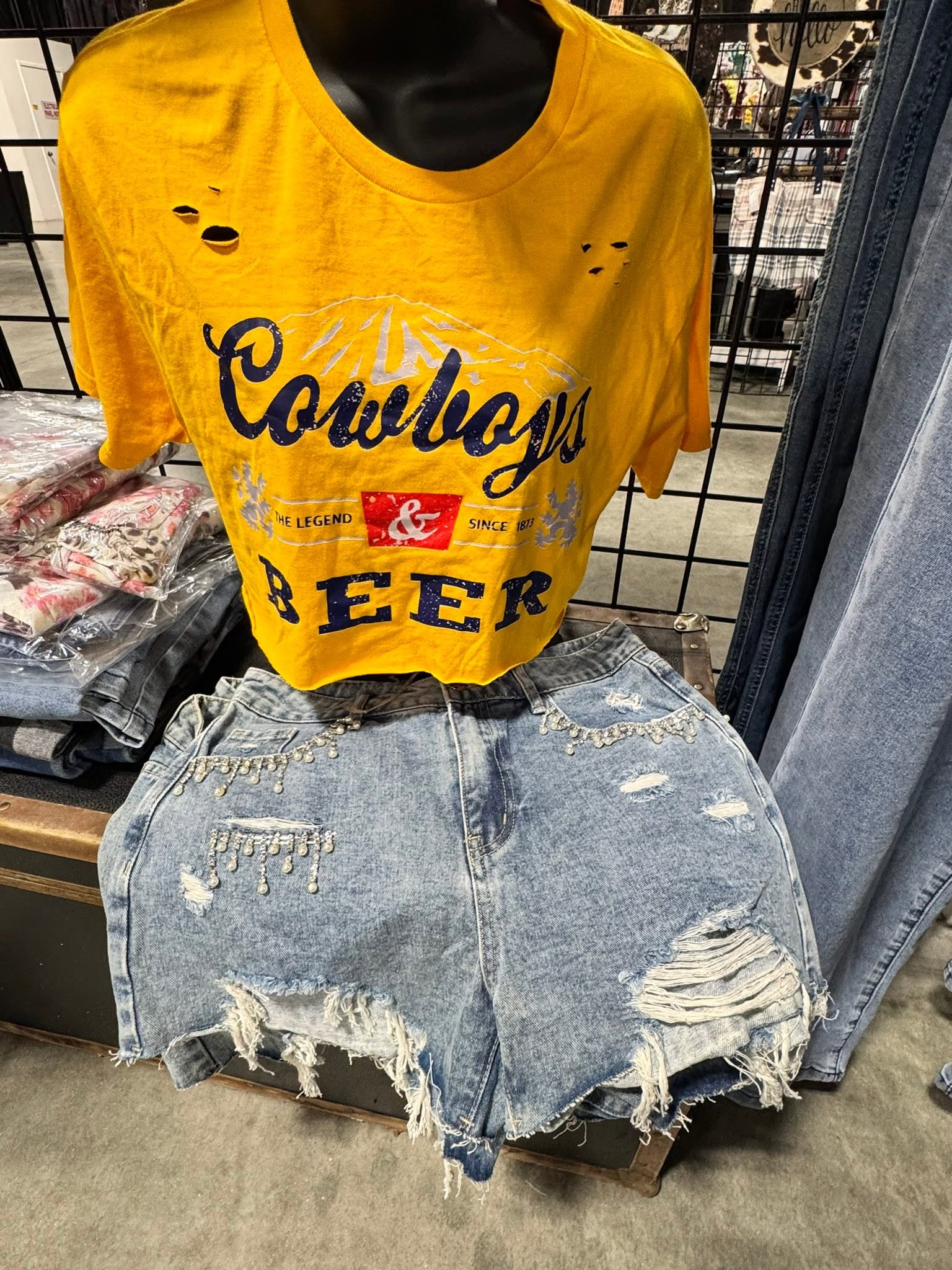 Cowboys and Beer graphic tee with distressed denim shorts