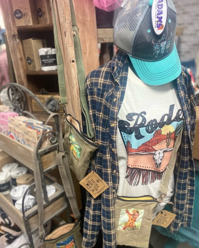 Rodeo cap with plaid flannel and crossbody bag
