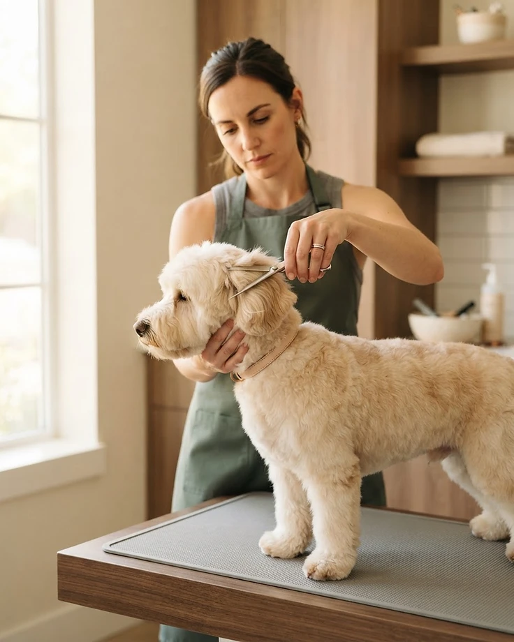 A professional pet groomer carefully grooming a freshly groomed dog in a clean studio