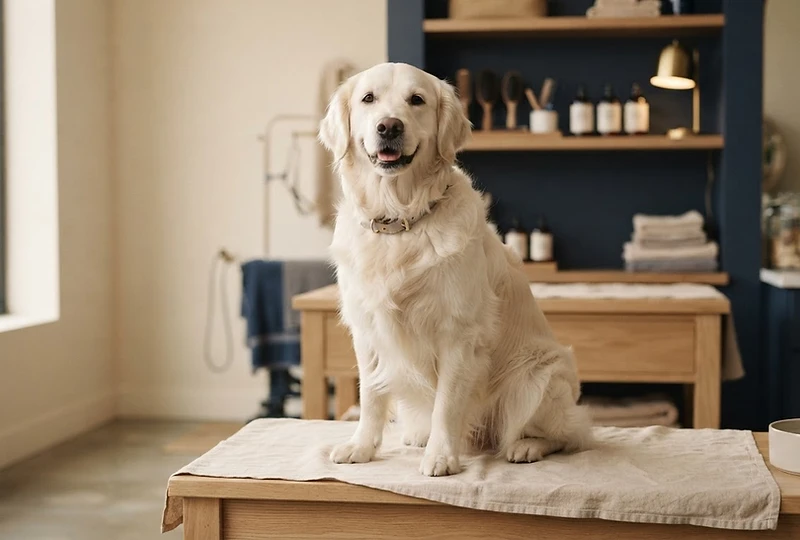 A happy, freshly groomed dog in a clean professional grooming studio