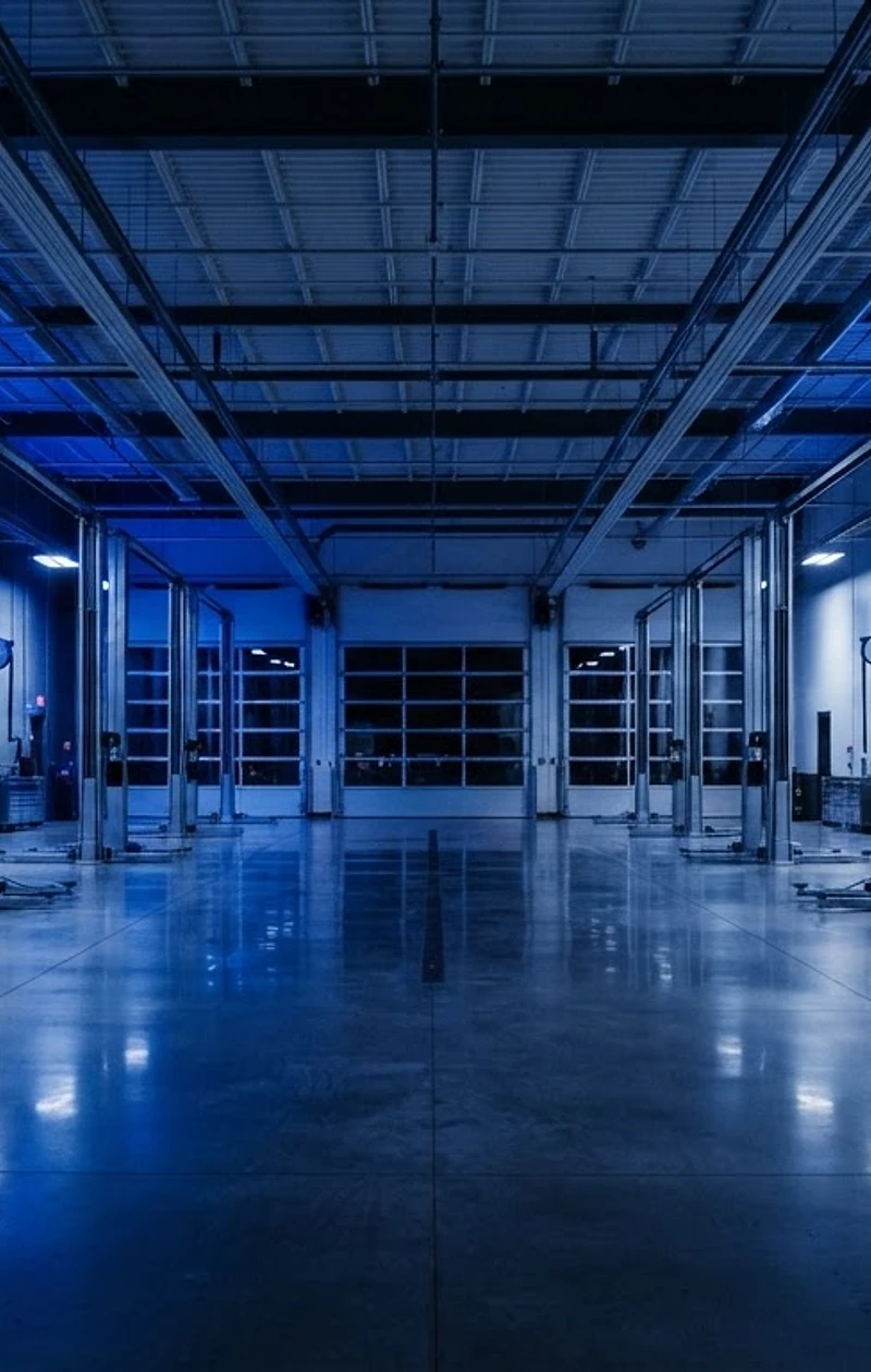 Spotless seven-bay automotive facility under cool blue architectural lighting