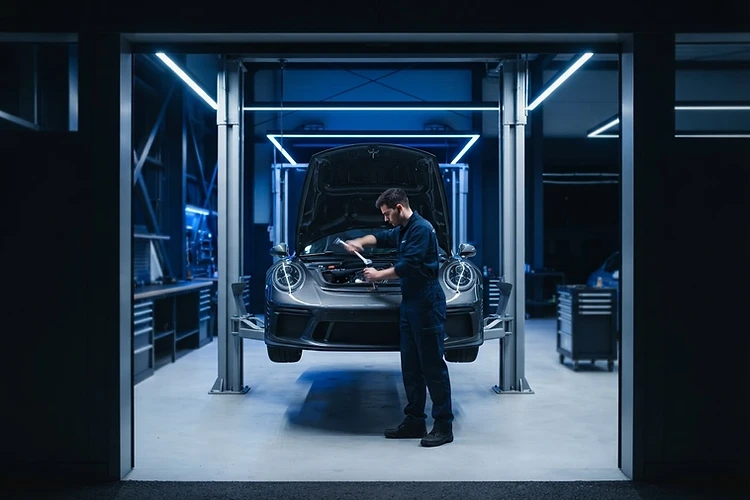 Master technician working in a choreographed service sequence under blue light