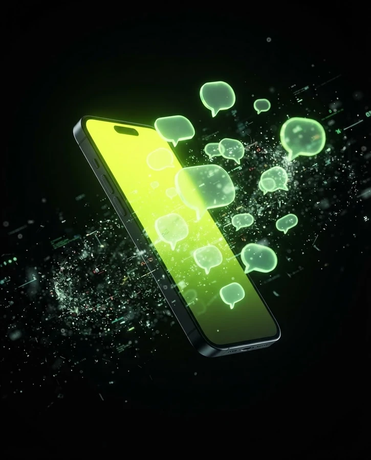 Smartphone emitindo pulso de luz verde com bolhas de conversa flutuando