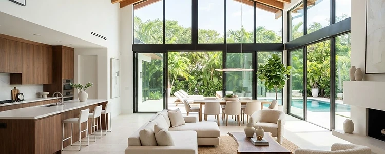 High-end Florida custom home interior with vaulted ceilings and large glazing
