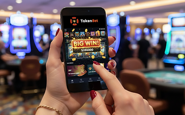 Hand holding a smartphone showing a mobile sweepstakes gaming app on a casino floor