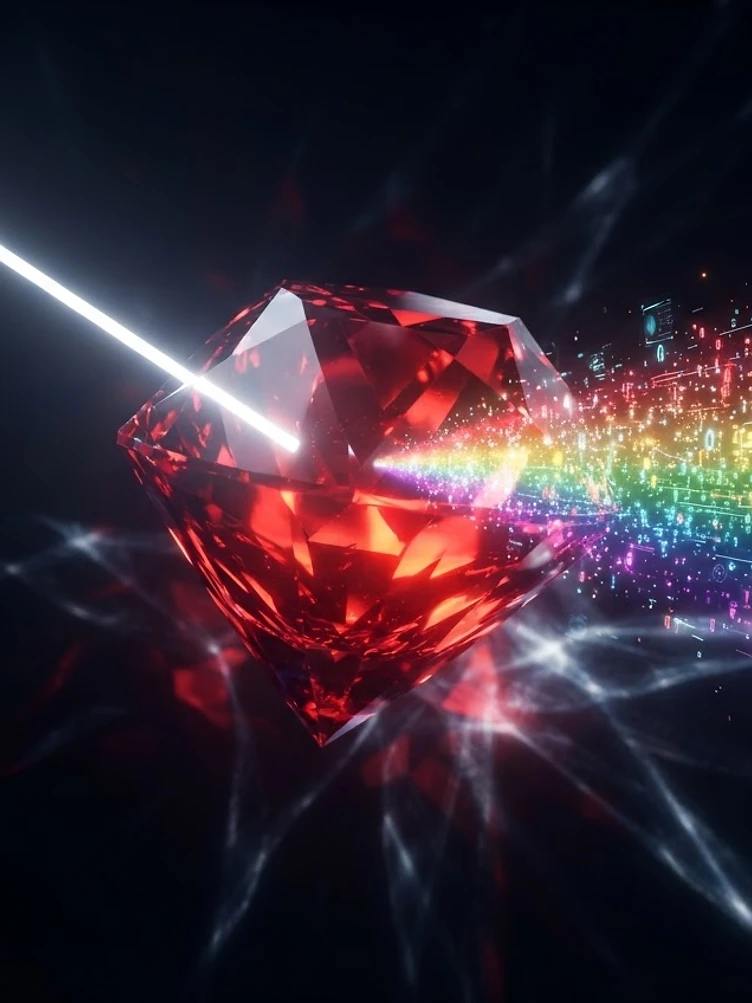 Geometric ruby crystal refracting light into a digital spectrum