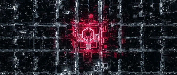 Top-down luminous city grid with one building glowing ruby red