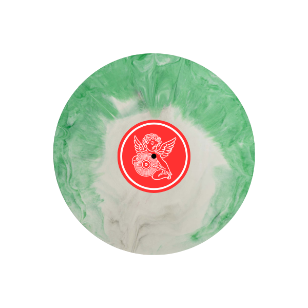 Evergreen white marbled vinyl record with red cherub logo center label