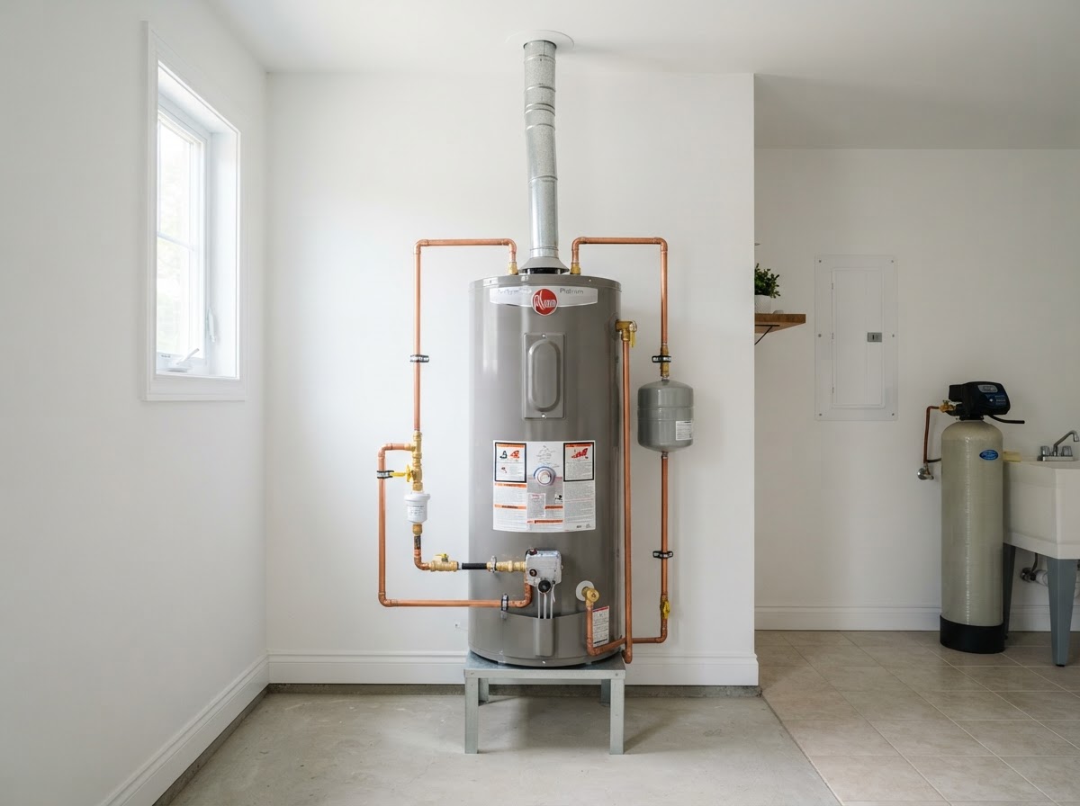 Professionally installed water heater in a clean residential utility room