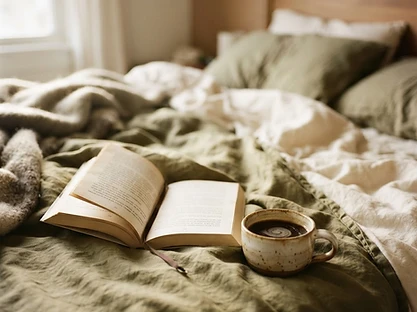 A coffee cup and a half-read book on a cozy bed