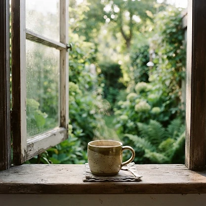 A coffee cup by the window, looking out into the green
